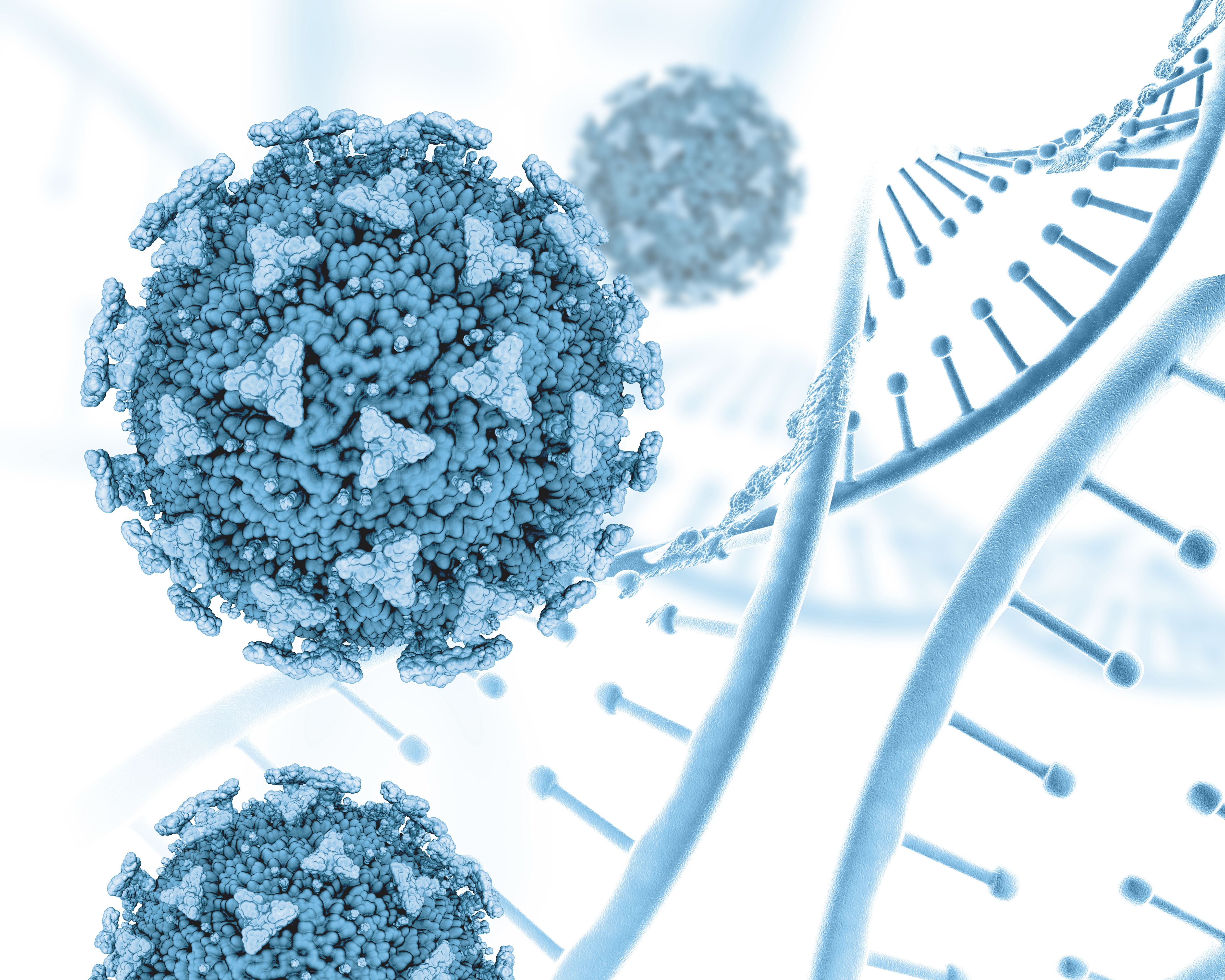 3D render of a medical background with DNA strands and Covid 19 cells